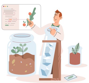 Bilim adamı doğayı incelemek için araştırma yapıyor, laboratuvar analizi yapıyor. Eğitim, botanik, mikrobiyoloji. Biyologlar bitkilerin yapısını inceler, deneyler yaparlar. Biyolojik araştırma