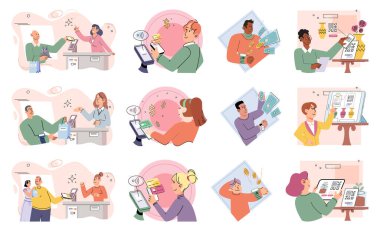 Nakitsiz ödeme. Vektör çizimi. Kablosuz ödeme sistemleri güvenli işlemleri sağlamak için şifreleme teknolojisi kullanır Taşınabilir nakit ödemeler çeşitli platformlar tarafından desteklenir Çevrimiçi