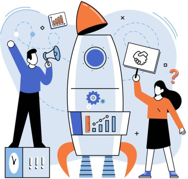 Girişim girişimi, şirket stratejisi ya da yeni proje başlangıcı. Karmaşık problemleri çözen takım çalışması, iş adamlarının birlikte çalışması, roketi uçuş için hazırlamak. Yenilik çözümü geliştirme