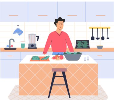 Adam salata hazırlıyor. Mutfak odasındaki masada duran vejetaryen malzemeleri kullanıyor. Düzgün beslenme, sağlıklı yaşam tarzı ve vejetaryenlik kavramı. Taze ev yemeği pişirme süreci, sağlıklı yemek.