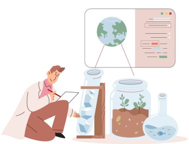 Bilim adamı doğayı incelemek için araştırma yapıyor, laboratuvar analizi yapıyor. Eğitim, botanik, mikrobiyoloji. Biyologlar bitkilerin yapısını inceler, test tüplerinde suyla deneyler yaparlar.