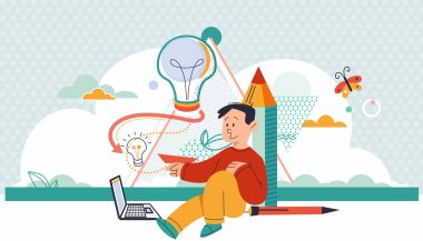 Yaratıcı fikir simgeleriyle dolu odada bilgisayar kullanan küçük bir çocuk. Çizgi filmdeki şirin çocuk yerde oturuyor. İnternette öğrenme ve eğlenme kavramı. Çocuklar evde dizüstü bilgisayarlarıyla kendi kendilerine çalışırlar. resim dersleri