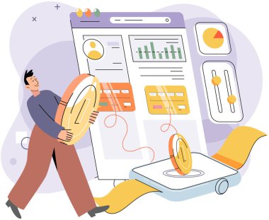 Nakitsiz ödeme. Vektör çizimi. Cep telefonu nakitsiz ödemelerle, fiziksel paraya gerek kalmadan satın alabiliyorsunuz. Tedbirsiz ödemeler genellikle küçük günlük alışverişler için kullanılır.