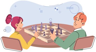 Birlikte oynayın. Aile eğlencesi. Arkadaşlık zamanı. Vektör çizimi. Arkadaşlarla satranç gecesindeki kahkahalar ve heyecan bulaşıcıydı. Aile ve arkadaşlarla oyunlar oynuyorlardı.