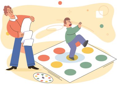 Birlikte oynayın. Aile eğlencesi. Arkadaşlık zamanı. Vektör çizimi. Masa oyunları sağlıklı iletişimi ve problem çözme becerilerini teşvik eder. Sevdiklerinizle oyun oynamanız aidiyet duygusunu artırır.