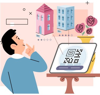Emlak araştırması. QR kodu kullanarak evi çevrimiçi ara. Yatırım, gayrimenkul, yatırım fırsatı konsepti. İpotek. Satın alma, satış daireleri ya da evler, arama mülkleri, emlak ajansları