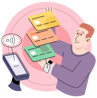 Akıllı saat kavramını kullanarak yapılan temassız ödeme, erkek çizgi film karakteri takılabilir elektronik kol saatiyle kablosuz ödeme yapıyor. Cep telefonu nakitsiz, bankacılık uygulaması ve e-ödeme
