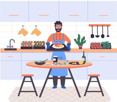 İnsanlar vejetaryen yemeği pişiriyor. Vektör çizimi. Taze sebzeler, organik yiyecekler, doğal ürünler. Gülümseyen adam küçük, rahat bir mutfakta ev yapımı yemekler pişiriyor. Babam büyük ocakta yemek hazırlıyor.