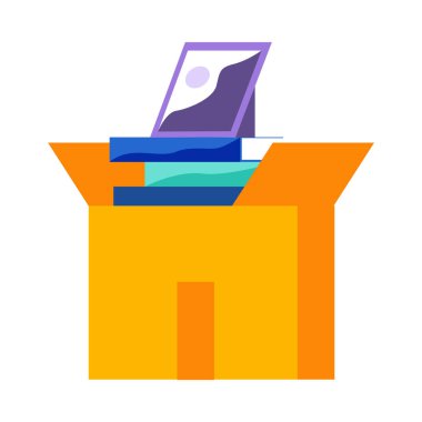 İçinde bir yığın kitap ve fotoğraf çerçevesi olan karton bir kutu. Kitapların taşınması. Ders kitapları gönderiliyor. Farklı alıştırma kitapları. En sevdiği edebiyat, okumak. Taşınma, yer değiştirme ve düzenleme kavramı