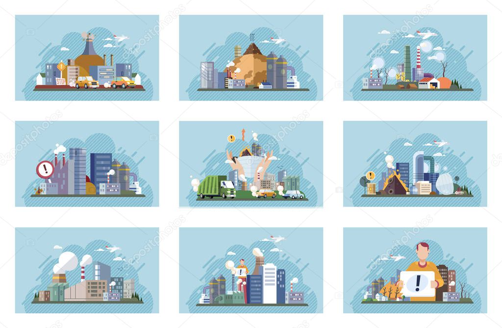 Industrial pollution. Dirty waste. Environmental pollution. Vector illustration. Toxic waste chemicals are leaking into our food chain Industrial pollution requires international cooperation