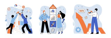 Başarılı bir proje başlatıldı. Vektör çizimi. Projenin başlatılması, yolculuğun heyecan verici başlangıcı potansiyel bir geliştirme projesi fikri, yeniliğin tohumları Proje başlatılmaya hazır