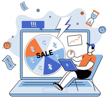 İndirim indirimi. Vektör çizimi. Çevrimiçi satışta flaş satış, çevrimiçi alışveriş arazisinde altın madeni satış endeksi, steteskop kalp atışlarını dinleyen pazarın gelecekteki satış tahminleri