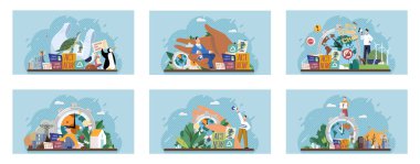 İklim değişikliği. Gezegeni kurtar. Küresel ısınmayı önlemek için vektör illüstrasyonu Çevre Koruma ortak sorumluluktur. İklim değişikliğini ele alalım ve Dünya 'yı sürdürülebilir olarak koruyalım.