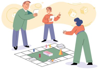 Birlikte oynayın. Aile eğlencesi. Arkadaşlık zamanı. Vektör çizimi. Aile oyun geceleri günlük sorumluluklardan uzak durmayı ve kaliteli zaman geçirmeyi sağlar. Masa oyunları sağlıklı iletişimi teşvik eder.