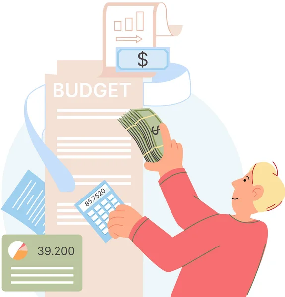 Budgetplanering Finansredovisning Beräkna Finansiella Intäkter Och Kostnader Skattebetalaren Räknar Pengar — Stock vektor