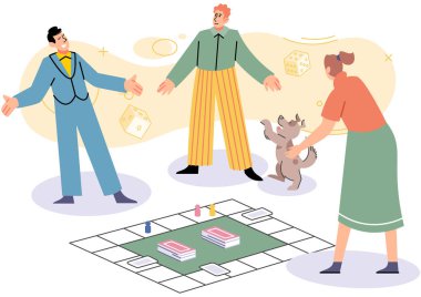 Birlikte oynayın. Aile eğlencesi. Arkadaşlık zamanı. Vektör çizimi. Masa oyunları zihni canlandırır ve eleştirel düşünme becerilerini teşvik eder arkadaşlarla oyunlar oynamak neşeyi tetikler ve bağlantıyı derinleştirir