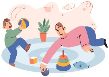 Baba bloklarla oynuyor ve oğluyla top oynuyor. Çocuklarının babasıyla birlikte Küpler içinde eğlenceli bir eğitim oyunu. Babası ve çocuğu evde vakit geçiriyorlar. Ebeveyn ilişkisi, mutlu babalık ve ebeveynlik.