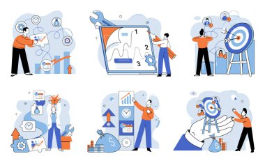 İş geliştirme. Vektör çizimi. Takım dayanışması ve verimliliği için becerikli yönetim hayati önem taşımaktadır. Doğru mesleği bulmak için kendini keşfetmek ve iş arayanların yol göstermesi gerekir.