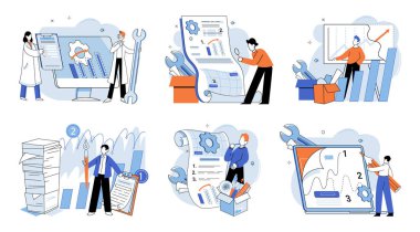 İş geliştirme. Vektör çizimi. Finans uzmanları değerli yatırım tavsiyeleri ve bankacılık hizmetleri çeşitli finansal ihtiyaçları karşılıyor bireyler ve işletmeler pazarlama