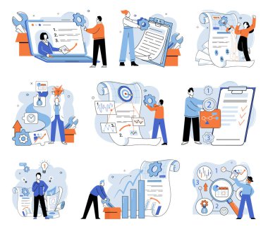 İş geliştirme. Vektör çizimi. Etkili yönetim çalışanları motive eder ve doğru mesleği seçmek öz düşünmeyi ve araştırma iş başvurularını gerektirir.