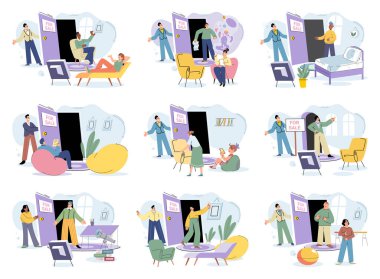 Konut satın almak ve seçmek. Vektör illüstrasyon Kiralama ve satın alma arasında seçim kişisel tercihlere bağlıdır satışta gösterilen farklı tipte evler emlakçının rehberliğinde