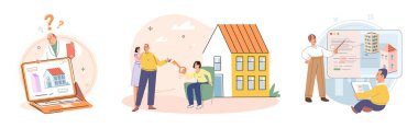Konut satın almak ve seçmek. Vector illüstrasyon. Satın alma evi önemli bir maddi taahhüttü. İkametgah, ticari şirketler tarafından işletilen bir mantık topluluğuydu.