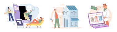 Emlak araştırması. Ev arayan vektör illüstrasyonlar gayrimenkullere güveniyordu. Konut kredileri bireylere istenen gayrimenkul arama kavramını satın alma olanağı sağlıyordu.
