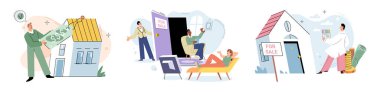 Emlak araştırması. Vektör illüstrasyonu Mortgage ile bireylere varlık oluşturma fırsatı sunuldu Alıcılar yeni ev satın almayı düşünürken profesyonel danışmanlık istediler