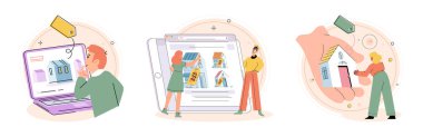 Konut satın almak ve seçmek. Vektör illüstrasyonu Satın alma konutları alıcıların hayatında yeni bir sayfa açtı. Yeni binasında iş gelişti ve daha fazla müşteri çekti.