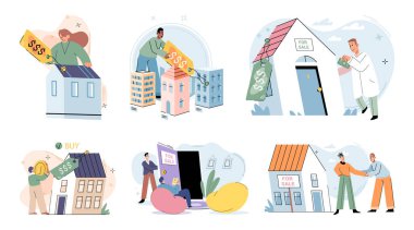 Konut satın almak ve seçmek. Vektör illüstrasyonu. Daire kiraya verilmişti. Satış mülkü kesinleşmişti.
