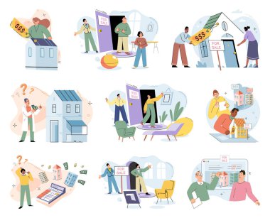 Konut satın almak ve seçmek. Vektör illüstrasyonu. Daire kiraya verilmişti. Satış mülkü kesinleşmişti.