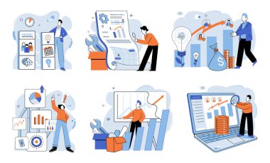 İş geliştirme. Vektör çizimi. Liderlik pozisyonlarında cinsiyet çeşitliliği kapsayıcılığı ve yenilikçiliği teşvik eder Grup tartışmaları genellikle yenilikçi çözümlere ve fikirlere yol açar Finans uzmanları