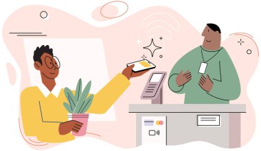 Dükkanda cep telefonu uygulaması ve POS terminali olan bir müşteri ödemesi. Akıllı telefon NFC banka sistemi ile nakit ödeme yapılmamış. Kablosuz işlem. E-bankacılık teknolojisi ve elektronik para kullanan bir adam.