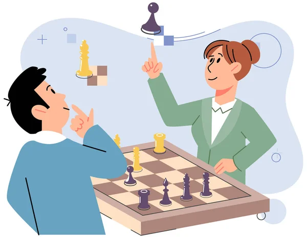 Pair Man Woman Playing Chess Table Sport Tournament Intelligence Hobby — Stock Vector