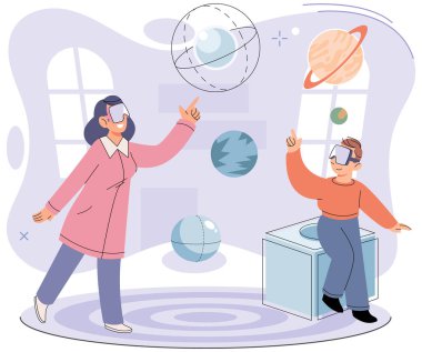 Aile, sanal gerçeklikte ya da sanal gerçeklikte VR kulaklıkla çalışıyor. Evde AR gözlüklü mutlu anne ve çocuk. Oturma odasında çeşitli gezegenler ve uzay nesneleri olan insanlar ve etkileşimli siber uzay