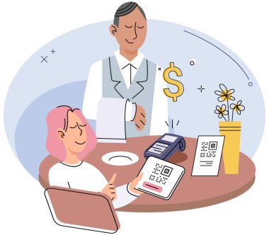 Kişi QR kodunu taramak için telefonu kullanır ve restoranda internet üzerinden hızlı bir ödeme yapar. Alıcı, kafedeki ya da dükkandaki akıllı telefondan uygulamayla ödeme yapıyor. Mobil kablosuz nakitsiz veya temassız ödeme işlem sistemi