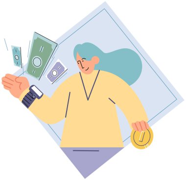 Nakitsiz ödeme. Vektör çizimi. Erişim denetimi veya biletsiz aktarımlar gibi diğer uygulamalar için kullanılacak NFC etkinleştirilmiş aygıtlar calso takip edilebilir olup, giderlerin izlenmesinde yardımcı olur