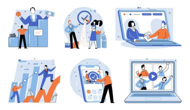 Bir iş buldum. Vektör çizimi. Liderlik, takımlara rehberlik etmek ve başarı sağlamak için şarttır. Pazarlama, hedef kitlelere ürün ve hizmetleri teşvik eder. Ortaklıklar bir araya getirir.