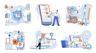 Sanayi siber güvenliği. Vektör çizimi. Siber uzayda kritik altyapıyı korumak için sağlam bir çerçeve gereklidir. İnternet şirketleri birbirine bağlar ve küresel sanayi sektörünü kolaylaştırır.