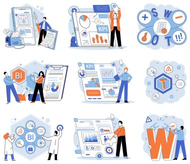 İş stratejisi. Vektör illüstrasyon Konferansı tesisleri ağ oluşturma ve öğrenme için platform sağlar Proje planlaması görevleri ve kaynakları verimli bir şekilde koordine etmeyi içerir