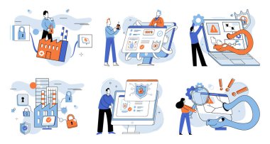 Veri koruması. Vektör çizimi. İşletmeler, müşterileriyle güven oluşturmak ve bilgi güvenliğinde hassas datis temel kavramını kilit altına almak için mahremiyet ve veri korumasına öncelik verir.