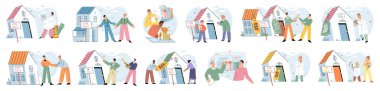 Konut satın almak ve seçmek. Vektör illüstrasyonu. Konut konutları rahat bir yaşam alanı sunuyordu. Ticari konut seçiminde iş gelişimi sağlandı.