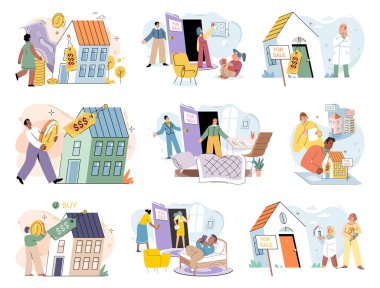 Konut satın almak ve seçmek. Vektör illüstrasyon. Ev saygın bir emlak ajansı tarafından listelenmiş. Emlak piyasası alıcılar için çeşitli yatırım fırsatları sunuyordu.