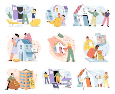 Emlak araştırması. Vektör illüstrasyonu ev kiralama ve yatırım bireylere yaşam düzenlemelerinde esneklik sağladı.