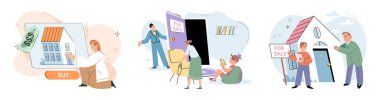 Emlak araştırması. Vektör illüstrasyonu ev kiralama ve yatırım bireylere yaşam düzenlemelerinde esneklik sağladı.