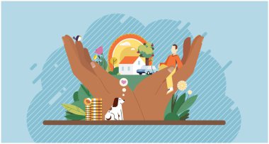 Geleceğin finansal planlaması, refah konsepti. Rahat, başarılı, gülümseyen iş adamı ev, araba, tatil tatili ve alışveriş hakkında büyük eller ve hayaller üzerinde oturuyor. Para biriktirmek ve yatırım yapmak