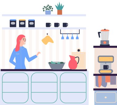 İnsanlar vejetaryen yemeği pişiriyor. Vektör çizimi. Mutfakta ev yapımı yemekler pişiren tatlı bir kız. Beslenme yemekleri pişirmek. Salata malzemelerini tarifine göre kesen kadın. Salata hazırlayan kadın