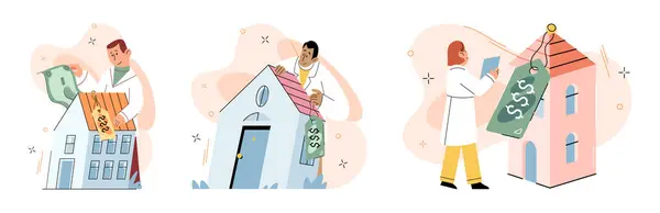 Поиск Недвижимости Покупка Жилой Недвижимости Связанной Оценкой Состояния Недвижимости Люди — стоковый вектор