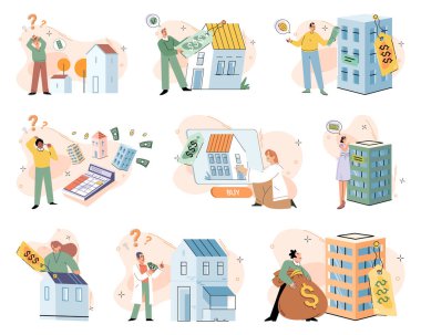 Konut satın almak ve seçmek. Vektör illüstrasyonu İş daha büyük bir binaya genişletildi Doğru konut seçeneğini seçmek dikkatli bir değerlendirme gerektirirdi Vektör illüstrasyonu çeşitli gösterildi
