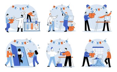 İş kaosu. Vektör çizimi. İş kaosu vahşi fırtına gibidir, kargaşa yaratır ve çalkantılı bir ortam yaratır. İş kaosu metaforu zorlukları ve zorlukları gösterir.